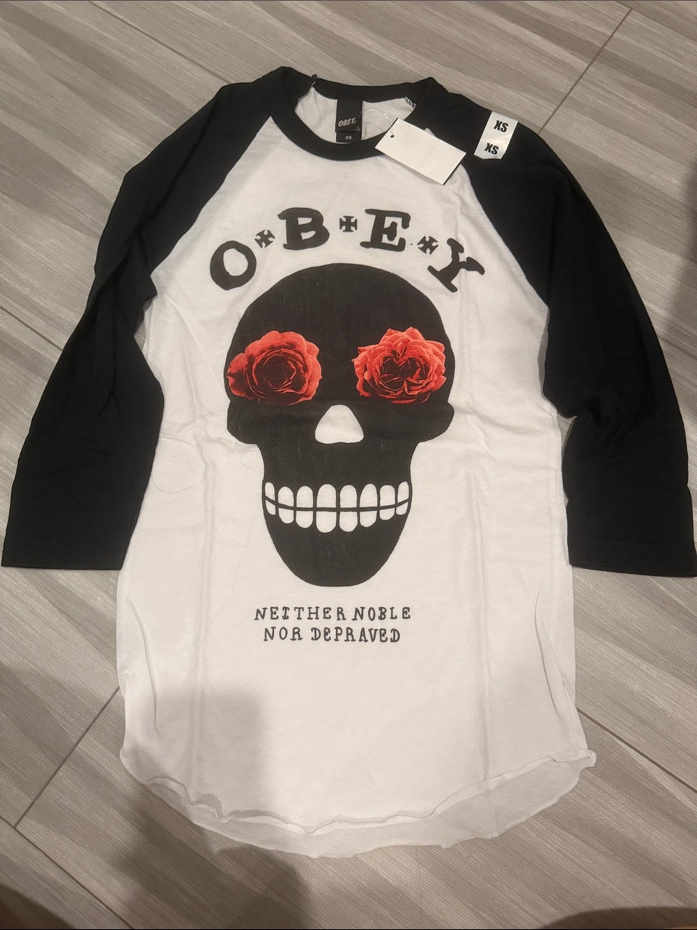 Obey Black & White Raglan Tee with Red Rose-Eye Skull
